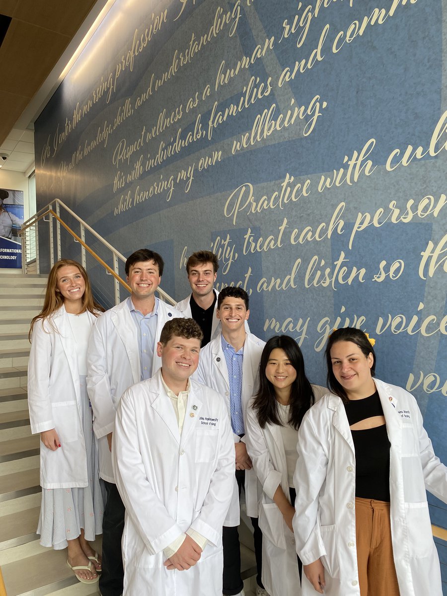 JHUNursing's tweet image. Our newest cohort of MSN (Entry Into Nursing) students received their white coats today, marking the beginning of their nursing journey. Each coat represents the dedication and passion these future leaders bring to our field. Welcome to the #HopkinsNurse family! #GoHopNurse