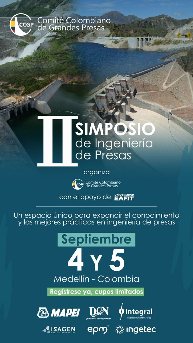 SociedadScg's tweet photo. 🌊🏗️ ¡La ingeniería de presas se toma Medellín!
En el II Simposio de Ingeniería de Presas

📅 4 y 5 de septiembre
📍 Medellín – Colombia
🎟️ ¡Cupos limitados! Regístrate ahora y haz parte de este gran encuentro!
https://t.co/jNKYTBZeRP https://t.co/lMmVde9zu1