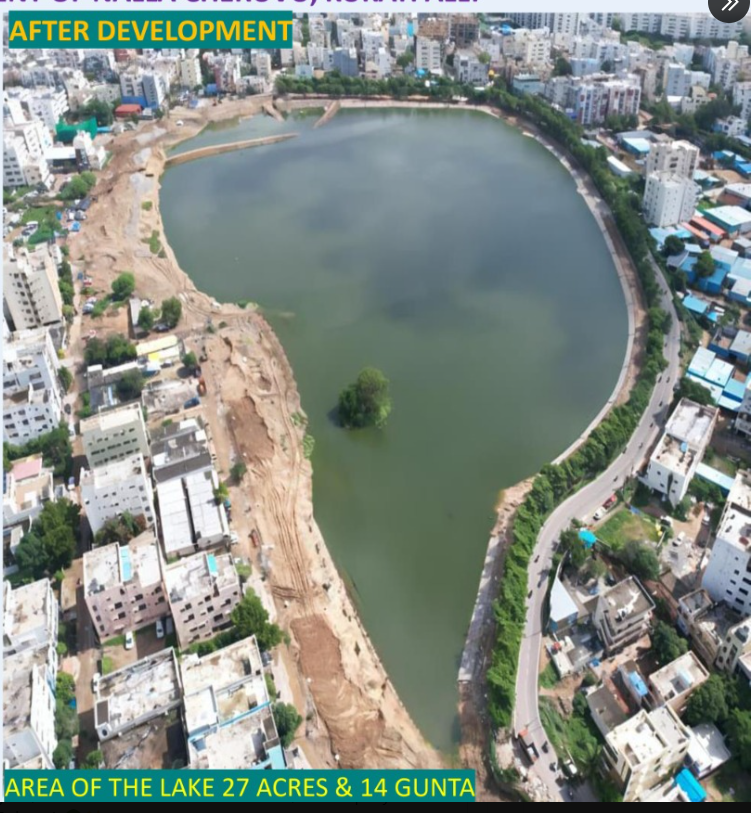 Amazing transformation of Nalla Cheruvu (Lake) in Kukatpally by HYDRAA 👏👏👏  
The 27-acre lake, which had shrunk to 17 acres, was restored to its full FTL after removing all encroachments.
Great job <a href="/Comm_HYDRAA/">HYDRAA</a> !   🧵(1/4)