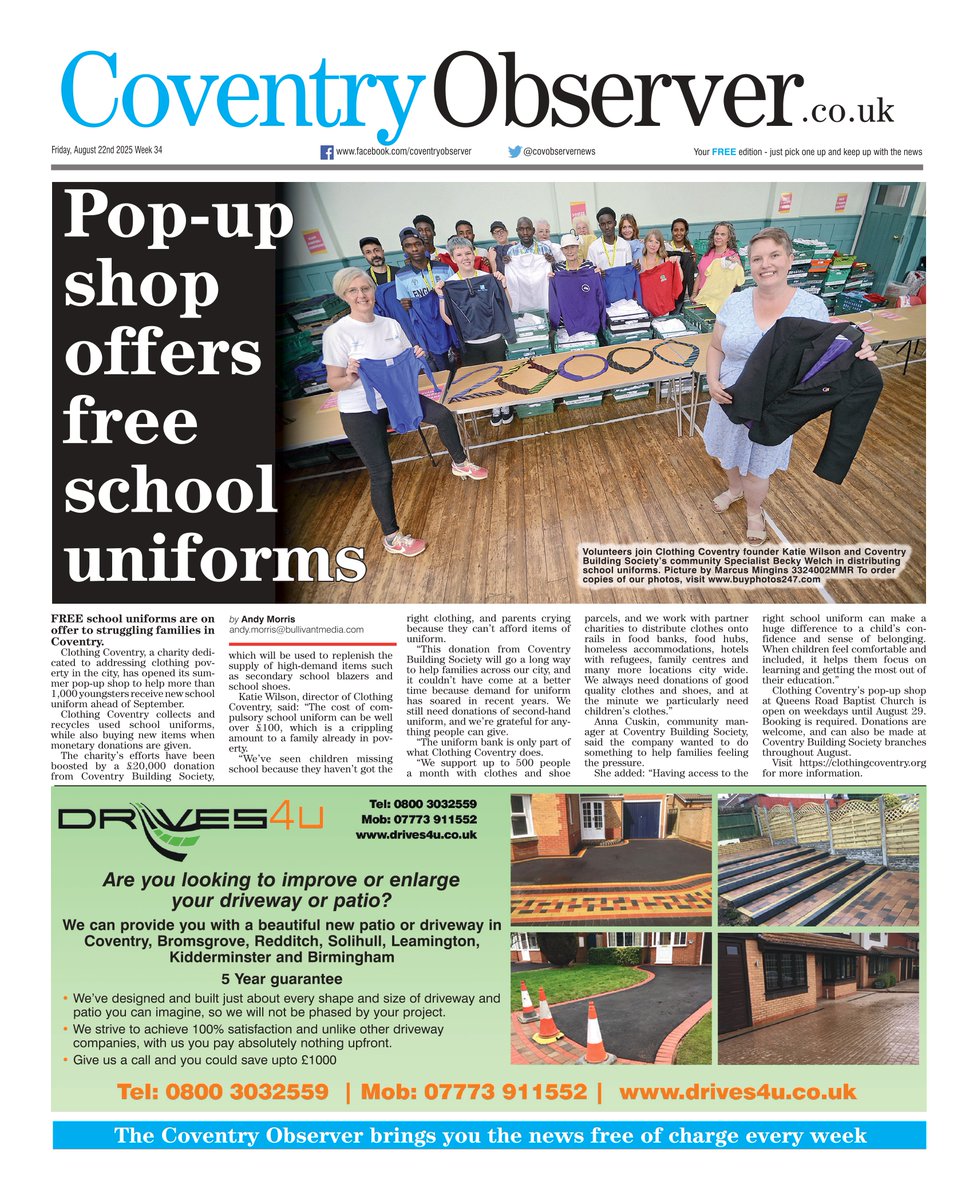 "POP-UP SHOP OFFERS FREE SCHOOL UNIFORMS"
#AndyMorris for <a href="/CovObserverNews/">Coventry Observer</a>

Free #SchoolUniforms are on offer from #ClothingCoventry (<a href="/ClothingCov/">ClothingCoventry</a>) to struggling families in #Coventry.

FULL STORY: t.ly/IBX1S

#CoventryObserver
#TomorrowsPapersToday
#IBPAPERS