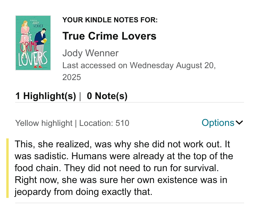chuckallen's tweet photo. When reading a good book, I enjoy being able to find a character that I can relate to in some specific way. e.g. How they act or think. This quote (which I highlighted in my kindle app) was my moment with the main character in True Crime Lovers by @JWenner_Author 😀 https://t.co/zmOz36Xoxg