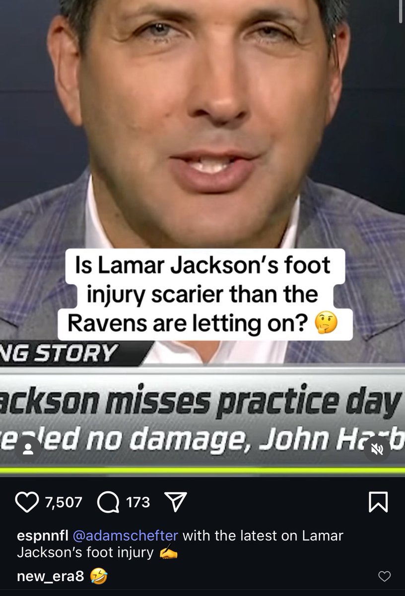 Lamar Jackson responded to ESPN NFL’s Instagram account that asked Adam Schefter, “Is Lamar Jackson’s foot injury scarier than the Ravens are letting on?” 

Schefter said it was. 

Lamar laughed 🤣