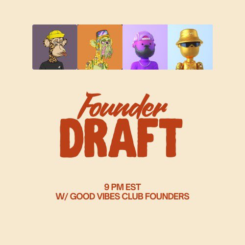 Founder Draft tonight at 9pm EST

Special Guests: <a href="/GoodVibesssClub/">Good Vibes Club 🤙</a> founders <a href="/chrismguyot/">Chris Guyot 🤙</a> <a href="/tyguyot/">Tyler Guyot 🤙</a>  

We’ll be streaming the draft on X - 9 slots available if you want to draft with us. 

Vibes will be at an all time high.