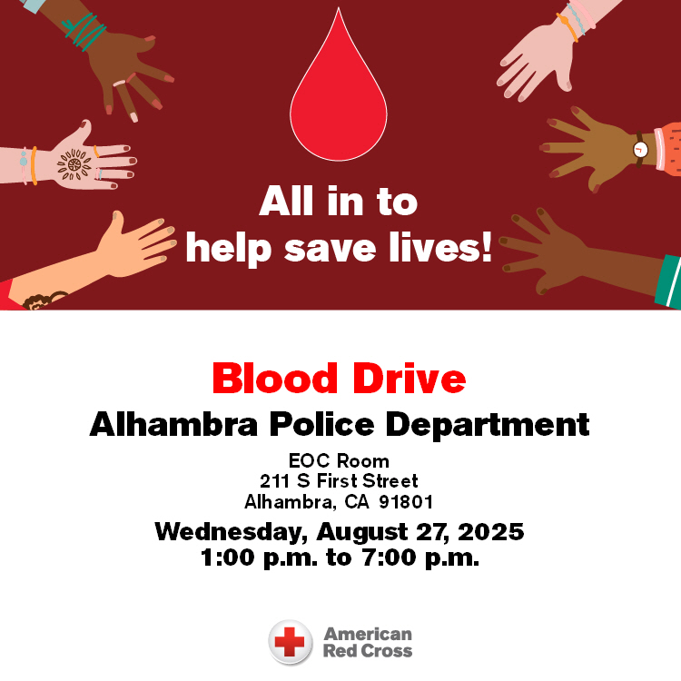 #DonateBlood, help save lives, &amp; earn a $15 e-gift card to a merchant of your choice on Wed., Aug. 27, from 1 PM - 7 PM @ the Alhambra Police Dept.!

Schedule an appointment @ redcrossblood.org &amp; enter sponsor code “APDA”