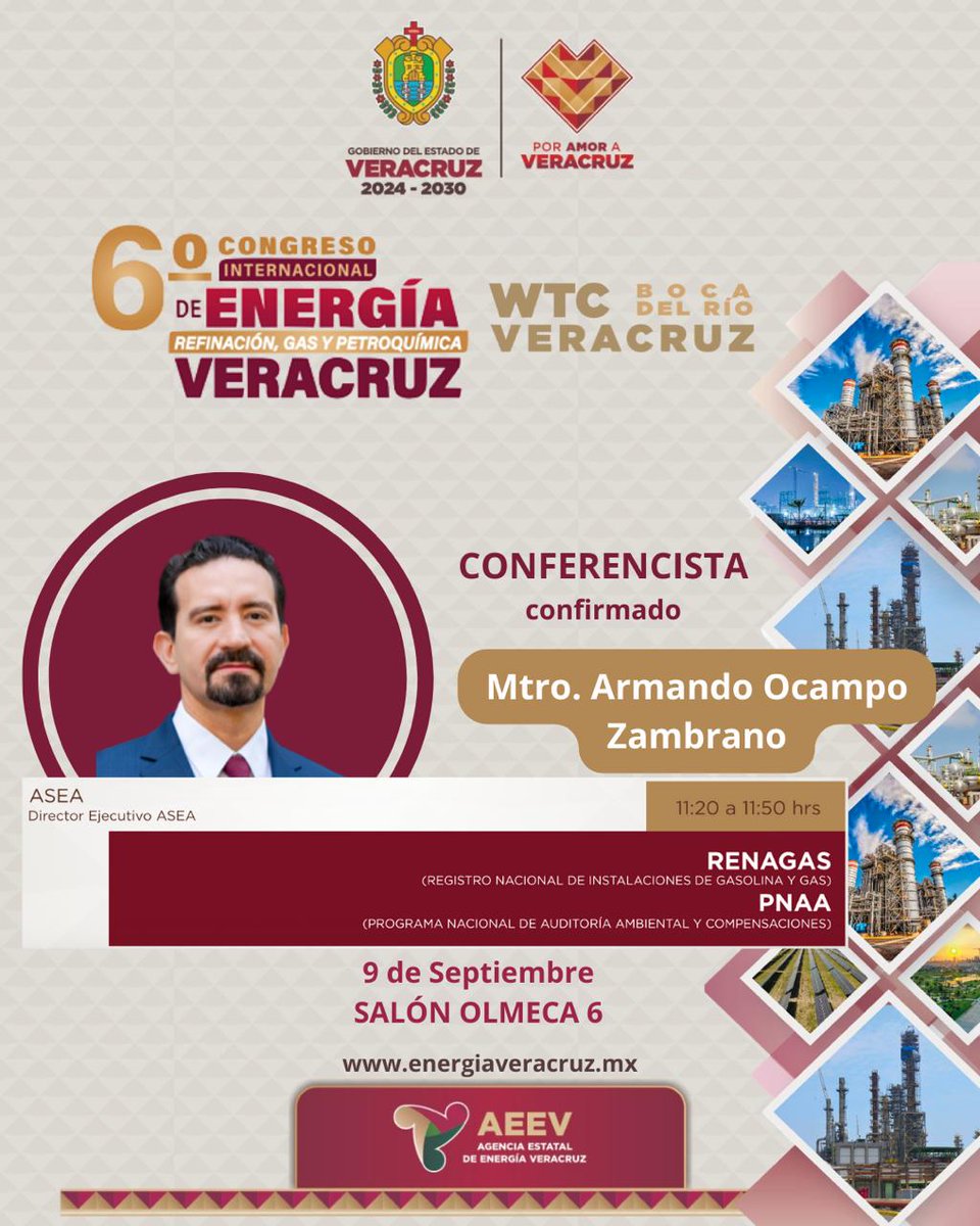 📣 ¡Sigue creciendo el programa del Congreso!
Nos complace anunciar la participación del Director Ejecutivo de <a href="/agencia_asea/">ASEA</a>, quien nos hablará de RENAGAS y PNAA.

👉tinyurl.com/29l8bcse

#CongresoEnergíaVeracruz2025 #PorAmorAVeracruz #Veracruz #Xalapa #BocaDelRio