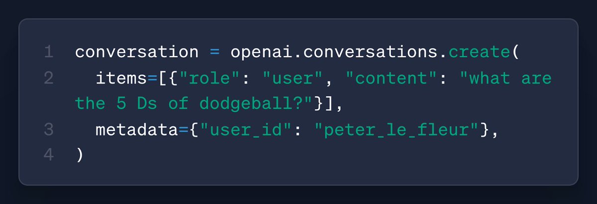 With the Conversations API, you can now store context from Responses API calls (messages, tool calls, tool outputs, and other data). Easily render past chats, then let your users pick up where they left off (just like in ChatGPT).

platform.openai.com/docs/guides/co…