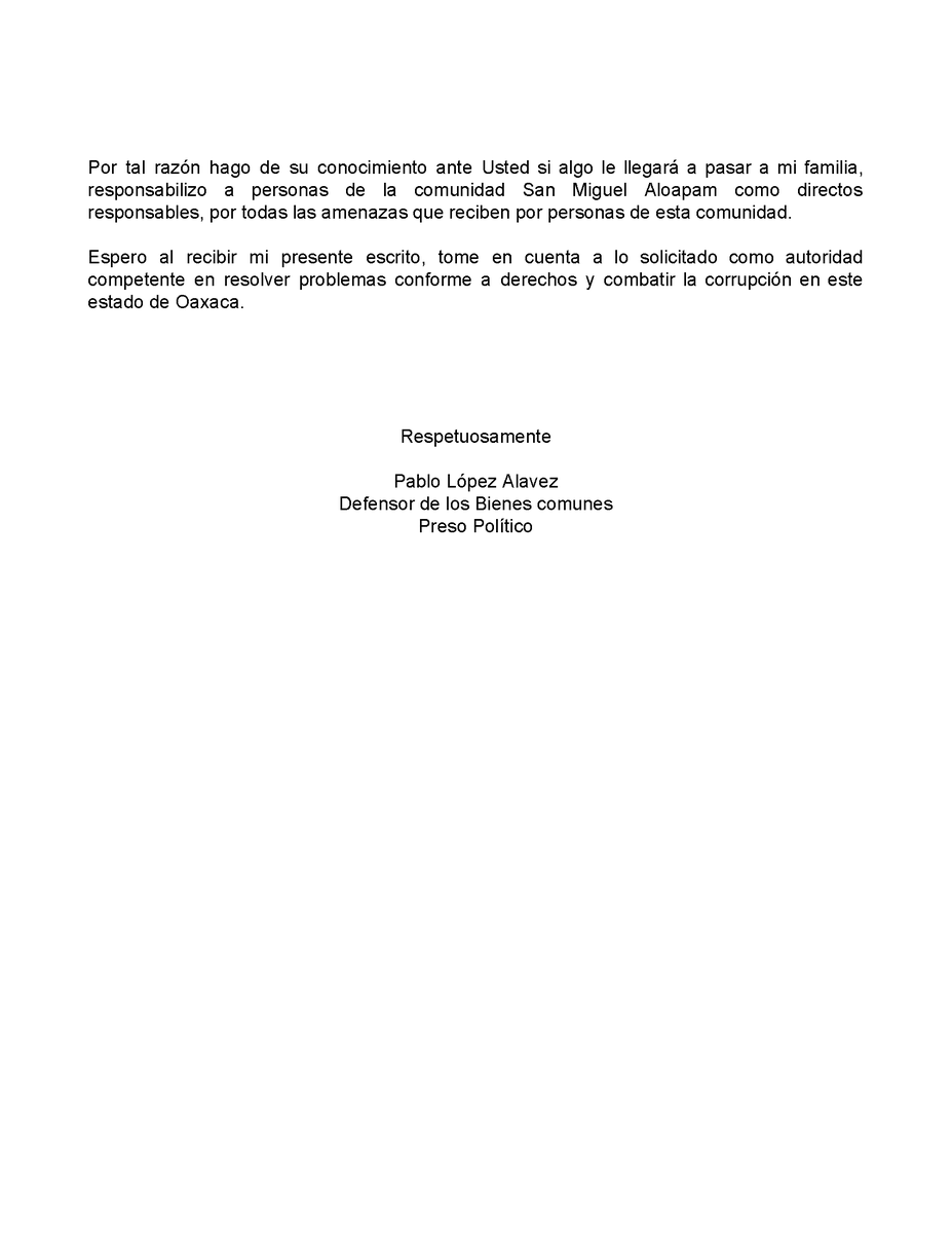 📄Carta abierta del defensor del bosque, Pablo López Alavez, a la presidenta <a href="/Claudiashein/">Claudia Sheinbaum Pardo</a>

✍️🏾“[…]  solicito ante Usted que es una autoridad federal para que intervenga en resolver estas anomalías y ponerme en libertad…”  

✊🏾¡Exigimos justicia, verdad y libertad para Pablo!