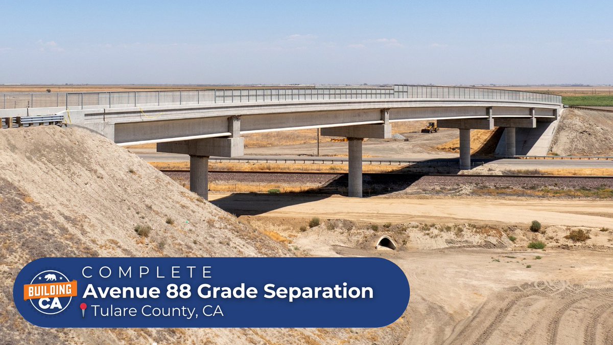 CaHSRA's tweet photo. COMPLETE: Avenue 88 Grade Separation
📍Tulare County

Avenue 88 is the latest structure to be completed in the Central Valley and will now take traffic over SR 43 along with the BNSF railroad + future high-speed rail tracks!

Learn more here: https://t.co/k2EjxfynEu https://t.co/WMYH27ENMB