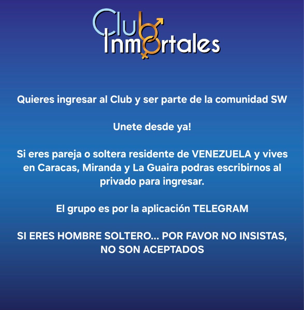 ClubInmortales's tweet photo. Hombre solo (soltero) NO SEGUIR

Solo para Parejas expertas y novatas.

Solo parejas de VENEZUELA residentes en 

(GRAN CARACAS) MIRANDA,LA GUAIRA

NO SE ACEPTAN HOMBRES SOLOS (SINGLES)

Dale click al link o escribe al privado y únete!

Telegram
https://t.co/PxWG7KzbZy https://t.co/xtuamfTL20