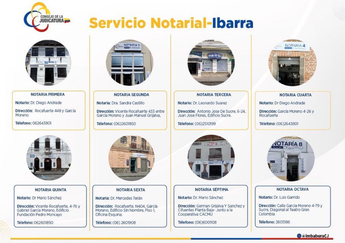 ✍️¿Vas a realizar un trámite notarial en Ibarra?

📍Aquí te dejamos las direcciones de las notarías que funcionan en la ciudad.