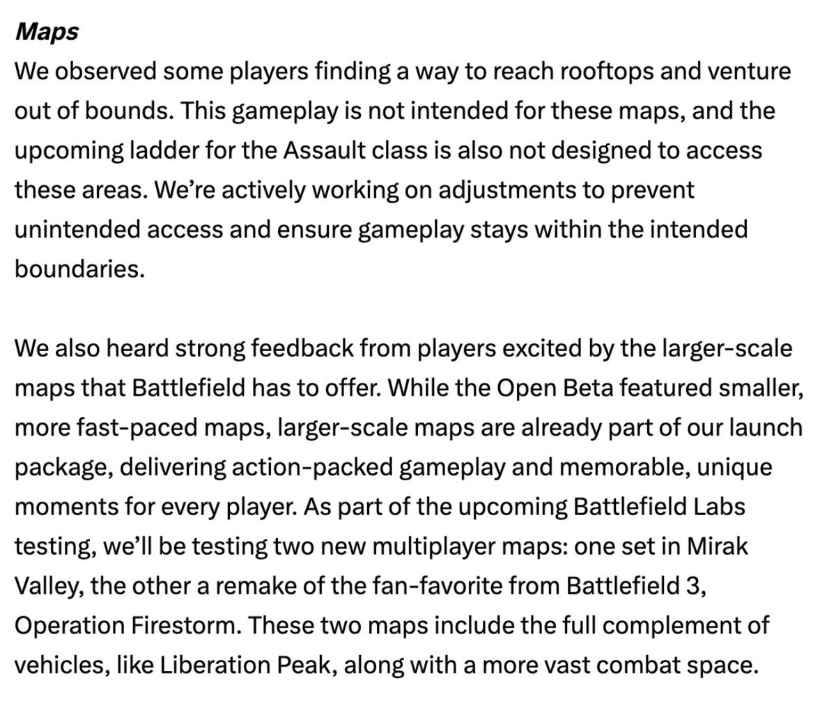 Airdebt1's tweet photo. Battlefield developers share some updates on the Battlefield 6 launch after feedback from the Beta. https://t.co/SpucwGVvS7