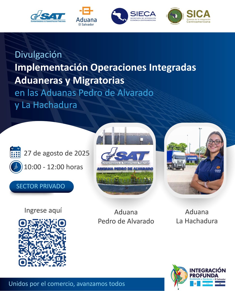 Participa en la capacitación virtual: Implementación Operaciones Integradas Aduaneras y Migratorias en las Aduanas Pedro de Alvarado y La Hachadura. 🛃 

Fecha: 27 de agosto de 2025 
🗓️Horario: 10:00 a 12:00 horas 

Inscríbete aquí 👉🏻 bit.ly/3HKAmOI