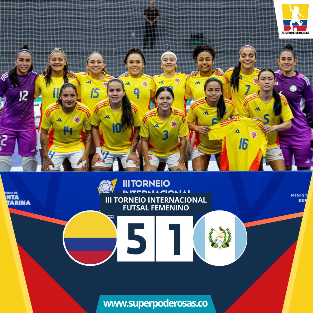 Superpoderosas 🇨🇴⚽️ (@_superpoderosas) on Twitter photo Colombia 🇨🇴 venció 5-1 a Guatemala 🇬🇹 por la Fecha 2 del III Torneio Internacional de Futsal Femenino 🏆🇧🇷 llegando a 6pts.
⚽️ Danna Rodríguez, Merlín Salcedo, Elizabeth Guerra, Mariana Sastoque, Alejandra Apraez.
Próximo rival: Brasil 🇧🇷
📸 <a href="/FCFSeleccionCol/">Selección Colombia</a> Colombia 🇨🇴 venció 5-1 a Guatemala 🇬🇹 por la Fecha 2 del III Torneio Internacional de Futsal Femenino 🏆🇧🇷 llegando a 6pts.
⚽️ Danna Rodríguez, Merlín Salcedo, Elizabeth Guerra, Mariana Sastoque, Alejandra Apraez.
Próximo rival: Brasil 🇧🇷
📸 <a href="/FCFSeleccionCol/">Selección Colombia</a>