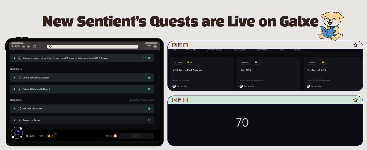 <a href="/SentientAGI/">Sentient</a> launched new Galxe quests and I recommend you to do it ASAP💥

Quests are very simple but now you have to have 200+ followers on your X account to participate

Then do quests from the list: 
->Follow <a href="/SentientAGI/">Sentient</a> 
->Retweet and like exact tweet from Sentient page