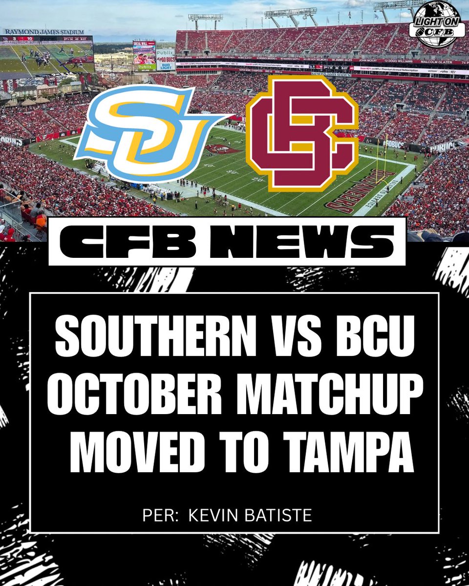 LIGHT ON COLLEGE SPORTS (@lightonsports) on Twitter photo An October 11th matchup between Southern and Bethune-Cookman, has been moved to Raymond James Stadium, home of the Tampa Bay Buccaneers, per <a href="/KBatisteJr/">Kevin Batiste</a> 👀 An October 11th matchup between Southern and Bethune-Cookman, has been moved to Raymond James Stadium, home of the Tampa Bay Buccaneers, per <a href="/KBatisteJr/">Kevin Batiste</a> 👀
