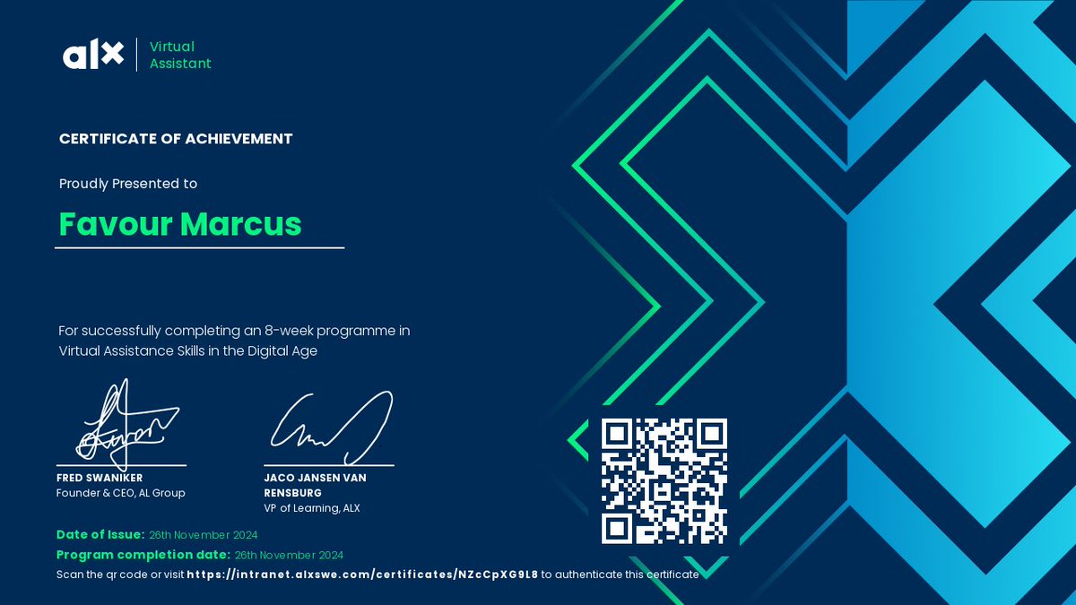FavourMarcus12's tweet photo. ๐ Graduated from ALX cohort 6 virtual assistant program ๐ฅ! Gained skills in org management, comms, research & task mgmt. Offering virtual assistant services to businesses & pros. Let's connect! #ALX #ALXGraduate #VirtualAssistant https://t.co/yQcKPY2cql