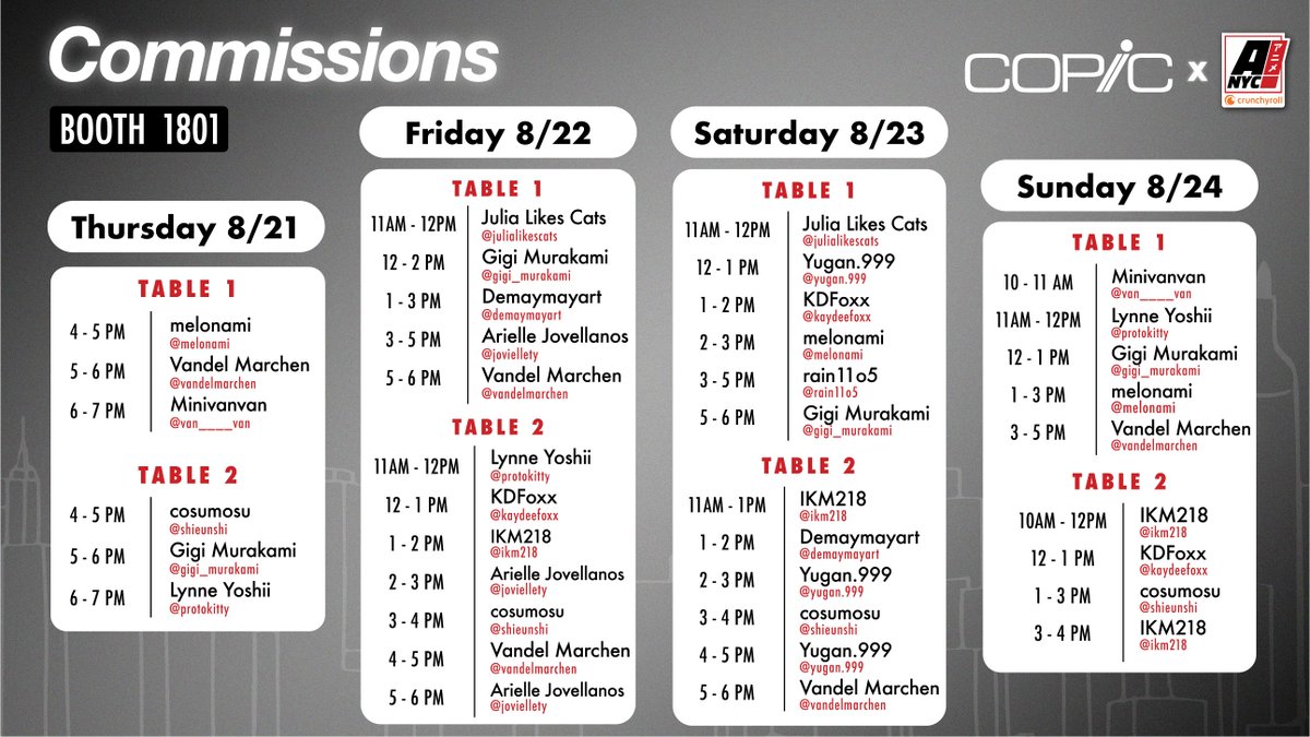 We have some INCREDIBLE artists joining us at our booth this year! 🤩

Thursday from 4:00-7:00 PM, Friday &amp; Saturday from 11:00 AM-6:00 PM, and Sunday from 10:00 AM-5:00 PM, stop by booth 1801 and meet some absolutely incredible people! Check out the image for the full schedule!