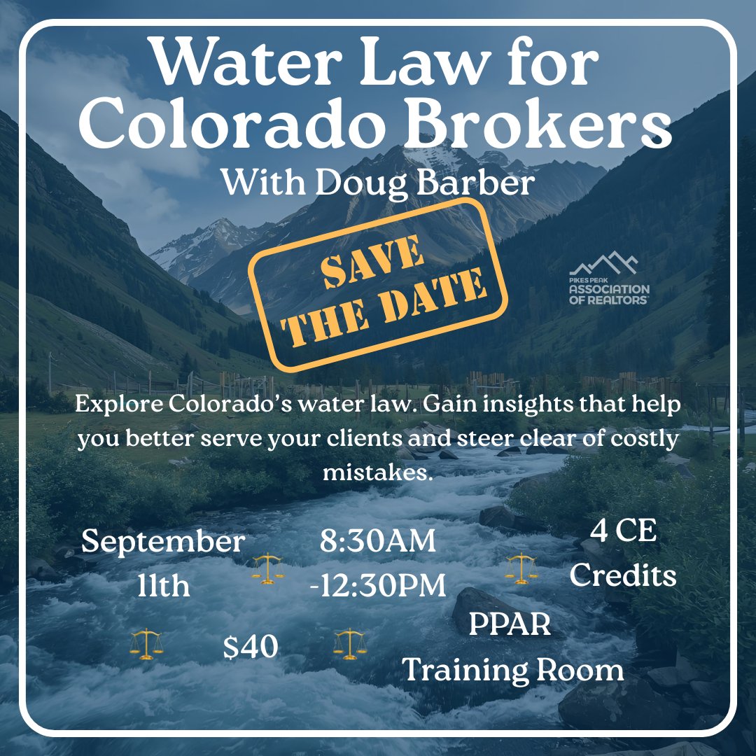 💧 Colorado’s water is complex—and so are the laws behind it.
Join us for Water Law for Colorado Brokers with Doug Barber and build the knowledge you need to better guide your clients. Click here to register : loom.ly/goMHFvU