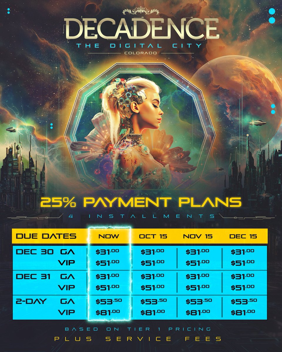 Your Decadence NYE experience just got easier 🙌 Secure your spot with our 25% payment plan - split your ticket into 4 easy installments! ✨🍾

Presale launches 8/25 at 12PM MT
On sale 8/27 at 12PM MT

Sign up for presale access ⏩ decadencenye.com