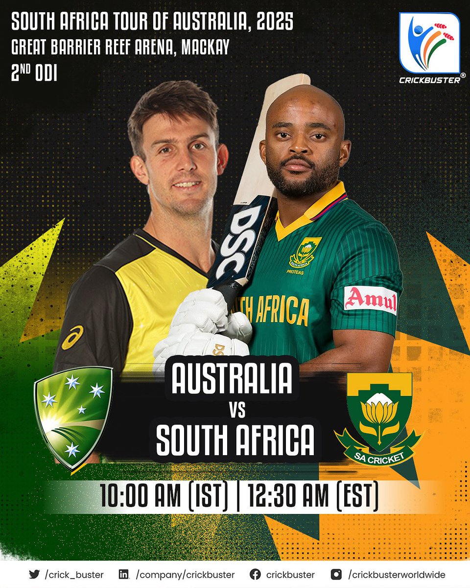Australia and South Africa face off in the 2nd ODI at the Great Barrier Reef Arena, Mackay! 🌏🏏
📍 South Africa Tour of Australia 2025
🕙 10:00 AM (IST) | 12:30 AM (EST)

Who’s taking the lead in this series? 🇦🇺 vs 🇿🇦

#AUSvSA #Cricket #Crickbuster