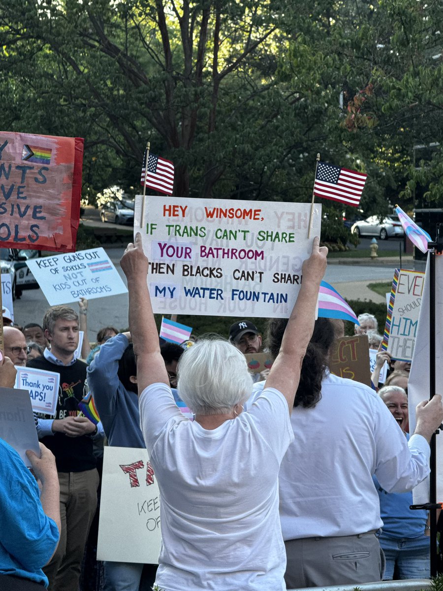greg_price11's tweet image. Virginia Republican nominee for Governor @WinsomeSears is speaking out tonight at the Arlington County School Board meeting about boys being able to use the girl's bathroom.

This is a sign being held by a white liberal outside the meeting (Sears is a black woman).…