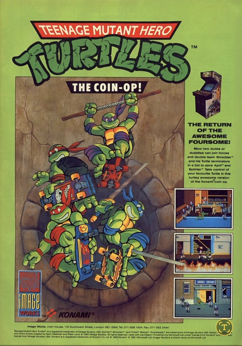 A retro ad for the arcade game "Teenage Mutant Hero Turtles: The Coin-Op!" which features the iconic heroes on their skateboards. 

#TMNT #TeenageMutantNinjaTurtles #RetroGaming #Arcade #Konami