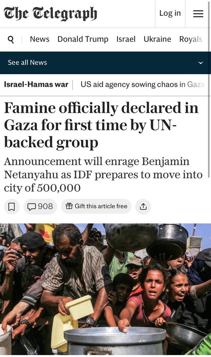 🚨BREAKING: UN-backed Integrated Food Security Phase Classification (IPC) will formally declare famine in Gaza City on Friday, the Telegraph reports. 

The IPC applies famine classification when three criteria are met: 
▪️20% of households facing extreme food shortages
▪️30% of