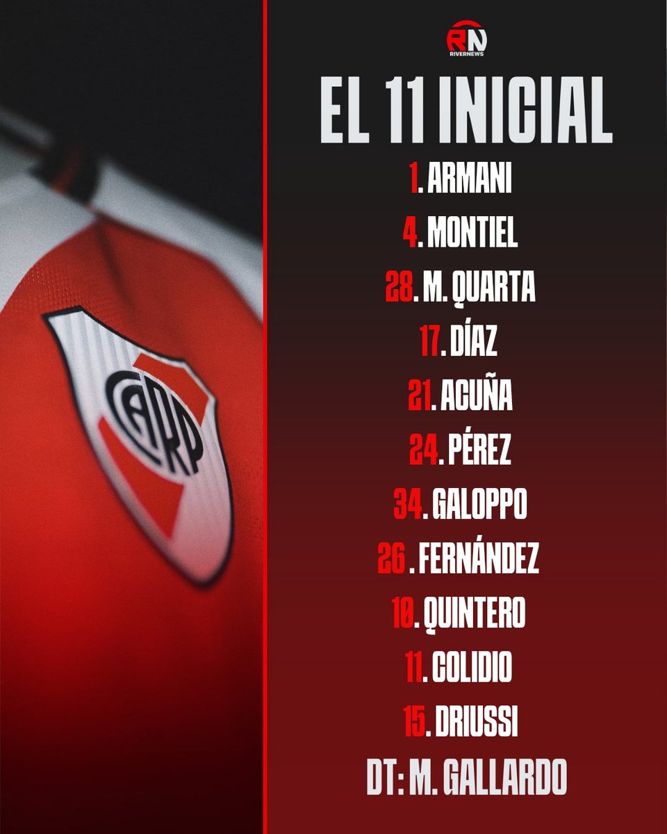 maxpugliese92's tweet photo. 🚨 EL 11 INICIAL CONFIRMADO

- Así va #River: Armani; Montiel, Martínez Quarta, Paulo Díaz, Acuña; Galoppo, Enzo Pérez, Nacho Fernández; Quintero, Driussi y Colidio.