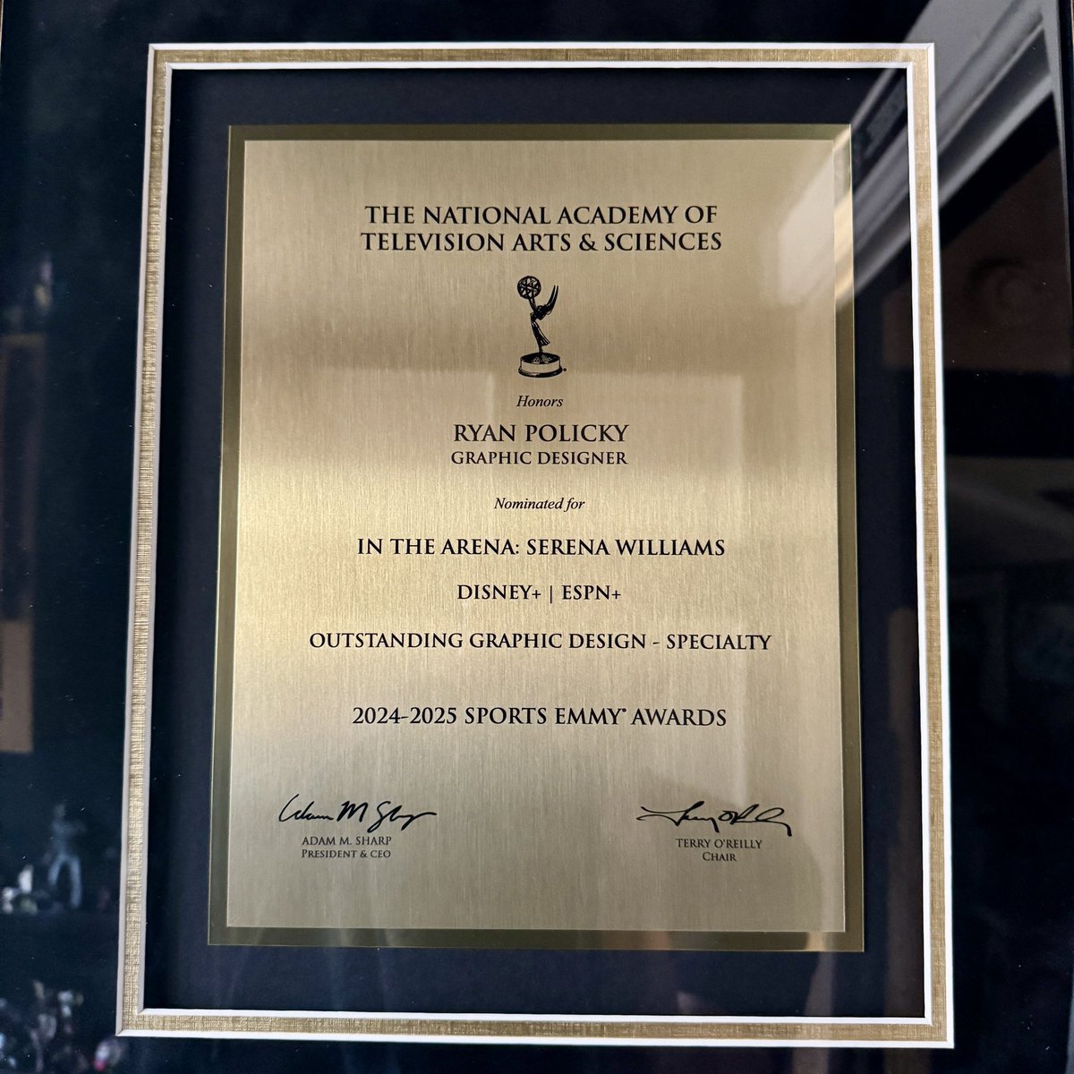 An amazing plaque to receive! A very shiny reminder of the great times working with Kinesis on superb docs for <a href="/religionofsport/">Religion of Sports</a> and my first Emmy nomination :)