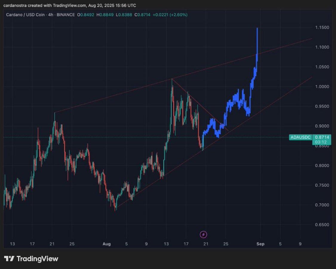 TradeHr31's tweet photo. Do you see that bullish canal/channel forming on the Cardano $ADA chart?

$ADA to break $1 again 📈

Hope you bought the dip https://t.co/pZkZ3z7gpu