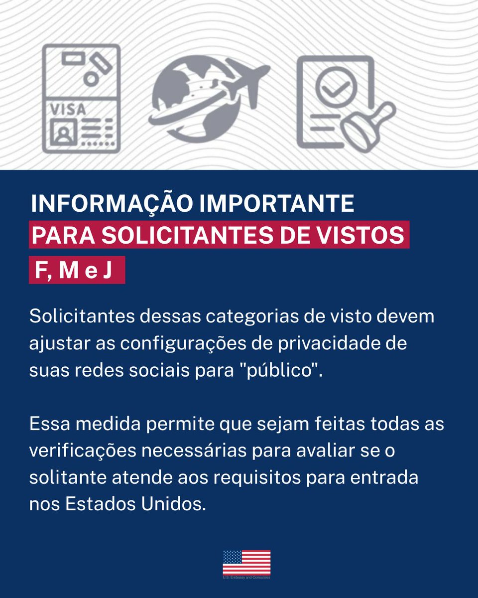 EmbaixadaEUA's tweet image. Atenção, solicitantes de visto F, M e J! 🚨
Agora é obrigatório deixar suas redes sociais em modo &quot;público&quot; ao solicitar esses vistos. Agendamentos já foram retomados: ais.usvisa-info.com