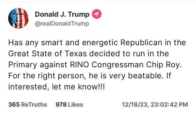 Tom Slocum for Texas 🇺🇸 (@slocumfortexas) on Twitter photo Many people were saying this in Texas because they agreed with <a href="/realDonaldTrump/">Donald J. Trump</a> !
This is why Chip Roy will never be Texas Attorney General. Many people were saying this in Texas because they agreed with <a href="/realDonaldTrump/">Donald J. Trump</a> !
This is why Chip Roy will never be Texas Attorney General.