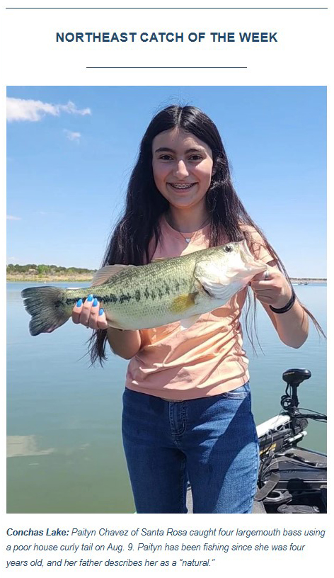 USACE_ABQ's tweet photo. Congratulations to Paityn Chavez who caught 4 🐟🐟🐠🐠#largemouthbass at #ConchasLake Aug. 9!
It’s a featured #CatchoftheWeek 🎣on the @NMDGF website this week: https://t.co/oDxSDGe7UL #fishing https://t.co/tzrrpXxj3o
