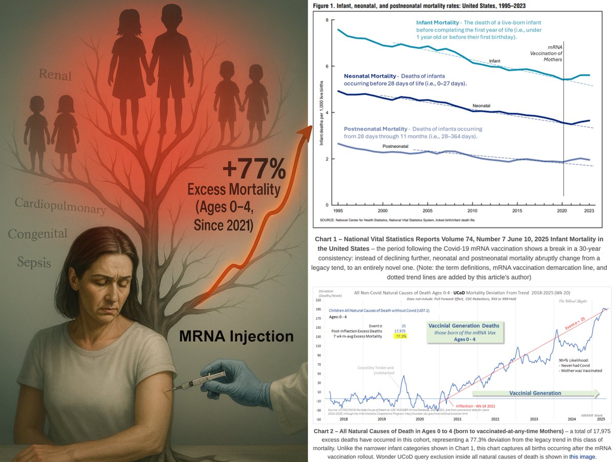 Nicolas Hulscher, MPH (@nichulscher) on Twitter photo 🚨BREAKING: CDC Child Death Records Indicate CATASTROPHIC Transgenerational Harm of Mass mRNA "Vaccination"
A new analysis of CDC data by <a href="/EthicalSkeptic/">Ethical Skeptic ☀</a> shows children born following mass mRNA vaccination of mothers are dying at a 77% excess rate ⬇️
📈30-year decline in 🚨BREAKING: CDC Child Death Records Indicate CATASTROPHIC Transgenerational Harm of Mass mRNA "Vaccination"
A new analysis of CDC data by <a href="/EthicalSkeptic/">Ethical Skeptic ☀</a> shows children born following mass mRNA vaccination of mothers are dying at a 77% excess rate ⬇️
📈30-year decline in