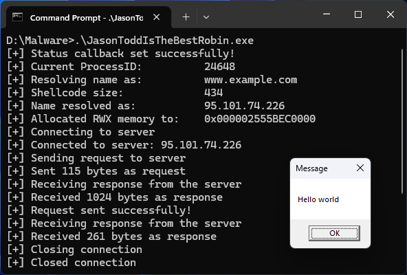 Do you want to trigger shellcode only when:
- Certain DNS resolution happens?
- Certain servers are reached out to?
- When you get a 112 byte long response?
...etc

Meet InternetSetStatusCallback() for fine tuning execution (or if you are just bored): 

gist.github.com/whokilleddb/59…