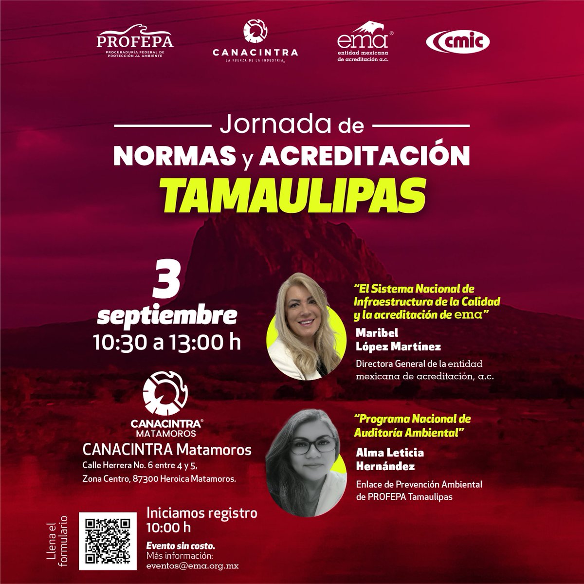 📢¡Seguimos recorriendo el país!
La Jornada de Normas y Acreditación llega a Tamaulipas este 3 de septiembre, en conjunto con: <a href="/PROFEPA_Mx/">PROFEPA</a> , y #CANACINTRAMatamoros
✅Un espacio de diálogo y actualización sobre la importancia del Sistema Nacional de Infraestructura de la Calidad y