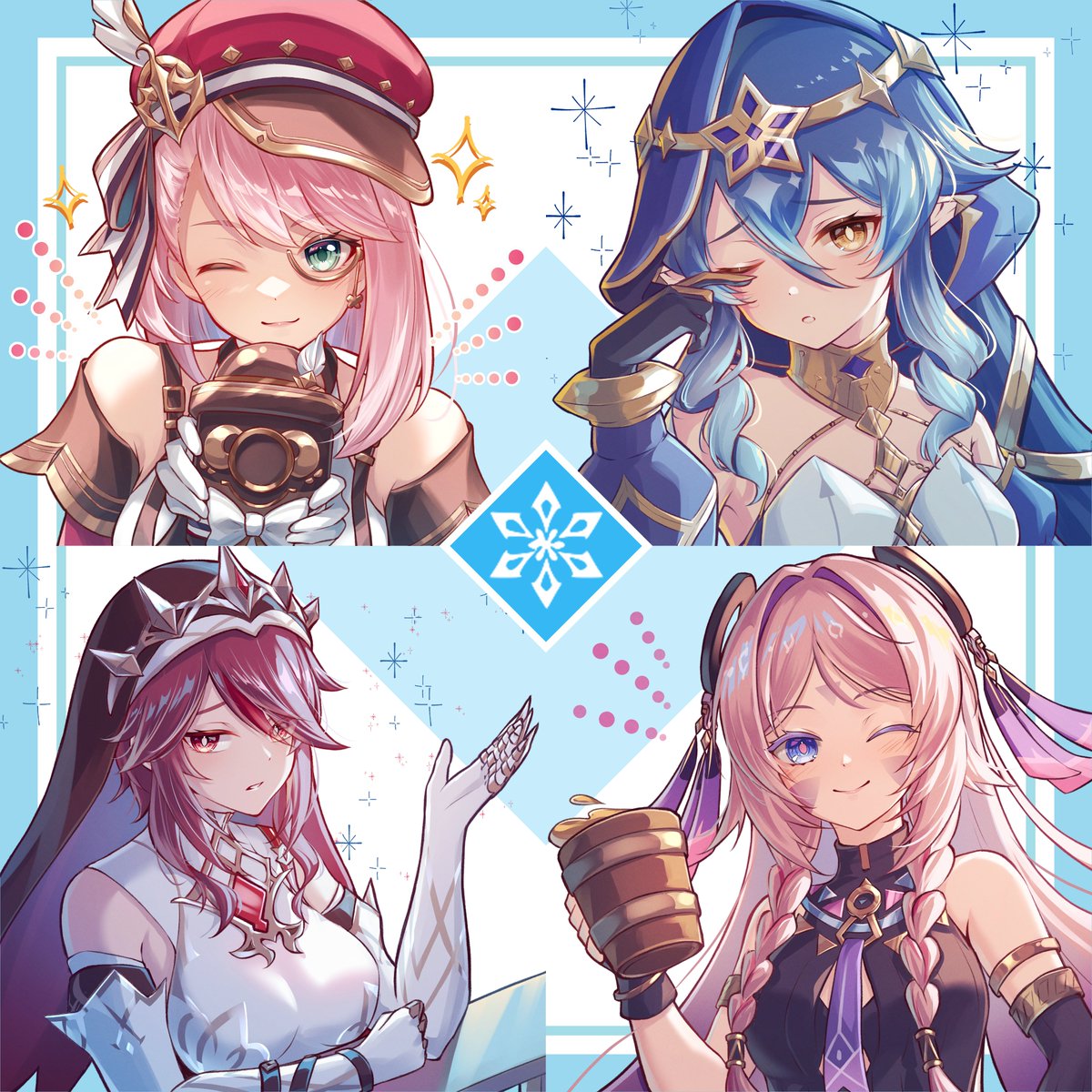 氷元素のお気に入りたち❄️✨
ばあちゃんがやっぱり一番好き...！スカーク師匠も次のお誕生日に描いてあげて仲間に加えたいです💖 
#Charlotte #Layla #Rosaria #Citlali