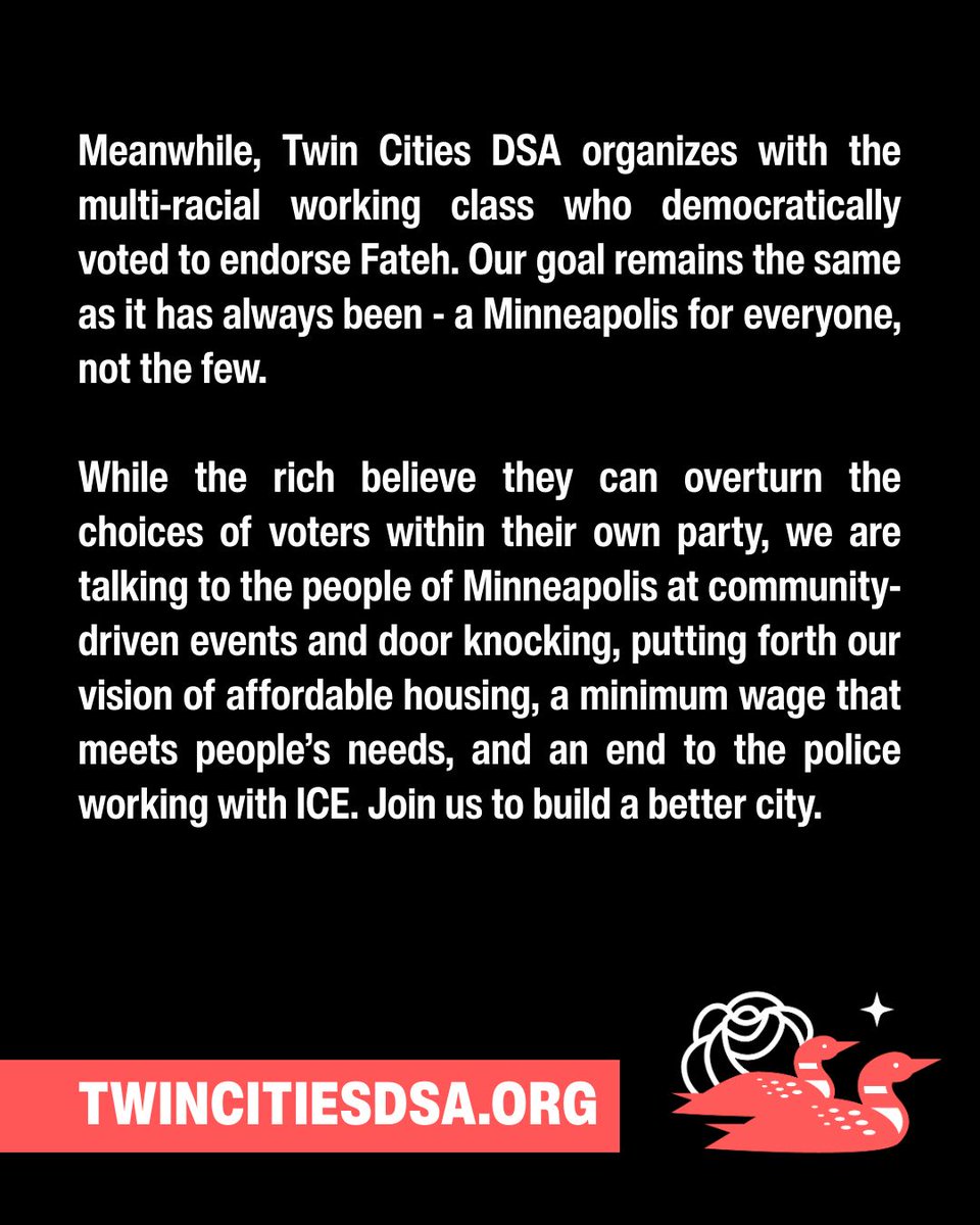 Minnesota DFL has revoked it's endorsement of Omar Fateh for Mpls mayor. Read our statement on this undemocratic, unprecedented decision. 

Help us build a better city by donating to TCDSA endorsed candidates: tcdsa.org/2025donate and join TCDSA today: dsausa.org/join