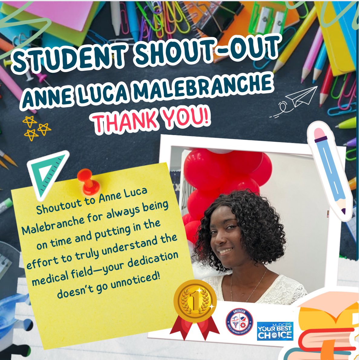 AmericanAdultEd's tweet photo. Shoutout to Anne for always showing up on time and putting in the work to master the medical field! Your dedication and determination don’t go unnoticed. We are currently accepting new students. Call 305-557-3770 for more information! #innovationnation #mdcps #SuptDotres https://t.co/K9zgjWPU9F