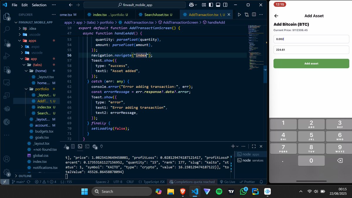 AdiKlinex_01's tweet photo. Day 25 of becoming #hire-able Software dev

Today, I implemented the portfolio screens that shows user assets (crypto), added new asset and view trending assets. I am still styling the screens but it is coming out great. 
#devjourney #DoHardThings #reactnative #FinVault #Crypto https://t.co/gDTrB87GZo