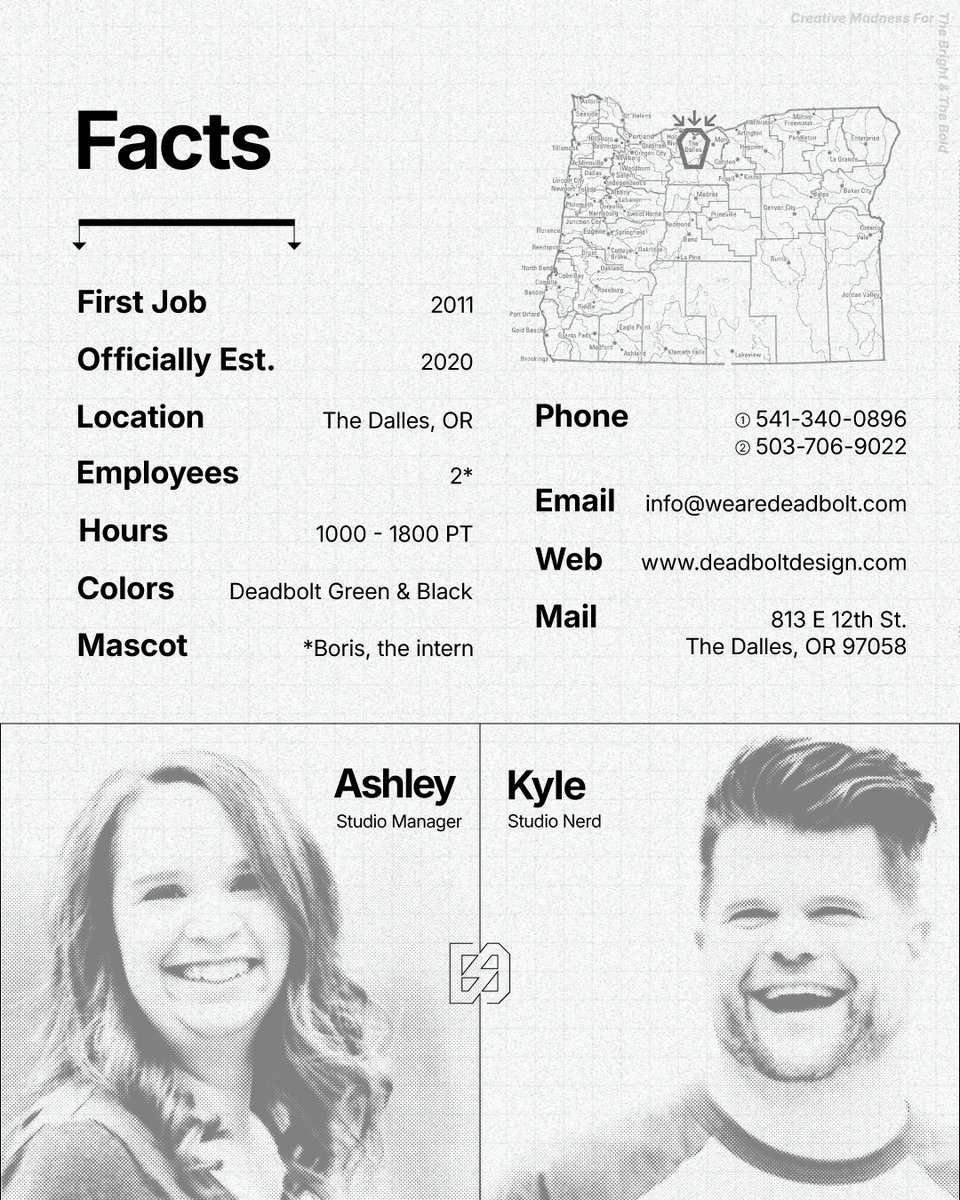 Twitter 01
"About Us"
Q➂→'25

⟦ϟ⟭

We are an imaginative graphic design studio from Oregon proudly providing creative madness for the bright and the bold.

__________

#deadboltdesign #wearedeadbolt #graphicdesign #branding #logodesign #illustration #oregon #pnw