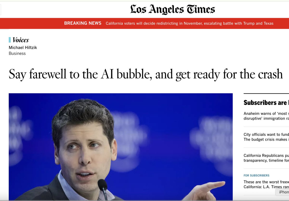 Say farewell to the AI bubble, and get ready for the crash.

“The thought was that this growth would be exponential,” says Alex Hanna, a technology critic.  Instead, Hanna says, “We’re hitting a wall.”