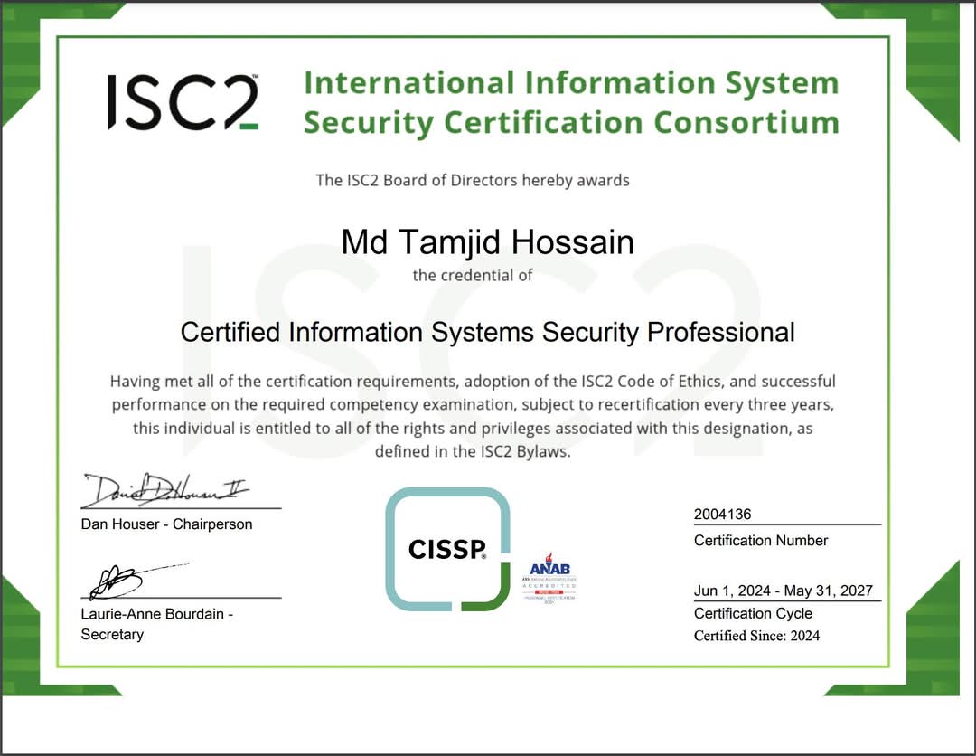 My official CISSP certification has finally been issued today! I am now an ISC2 member.

Certified Information Systems Security Professional (CISSP)  I passed the exam. t.me/+A1TvrjQBdZc2M…