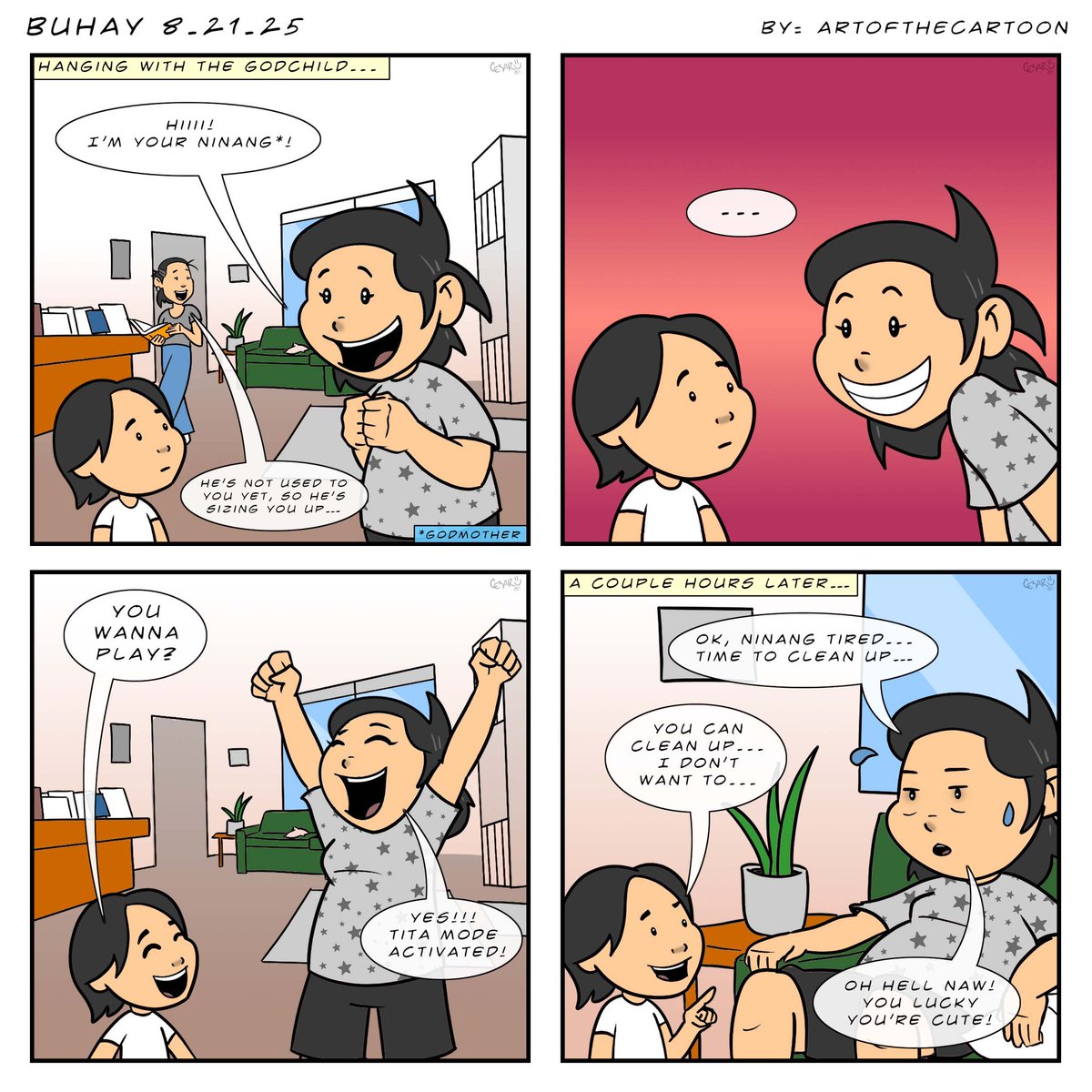 Buhay 8.21.25. Hanging with the Godchild. Corinne’s East Coast adventures continue. She finally got some time (a couple of days) with her godchild. He has a lot of energy… she does not 😜 But yeah, he cute 🥰 
#art #comics #buhay #cncbuhay #filipino #filipinoamerican #ninang
