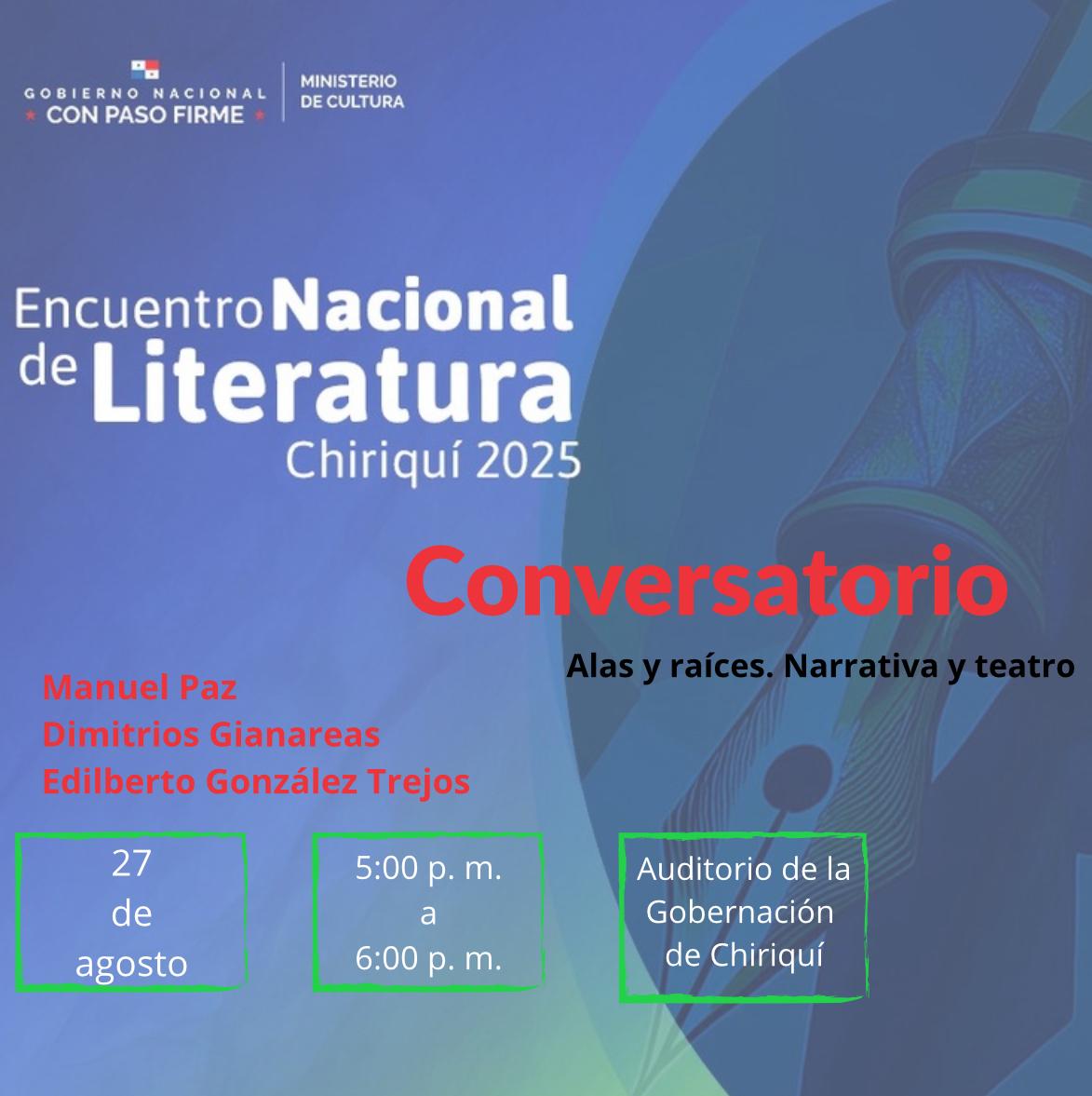 Edilberto González Trejos (@egtrejos) on Twitter photo Nuestras actividades en el Encuentro Nacional de Literatura, 2025 #David #Chiriquí
- Recital de textos patrióticos con <a href="/aullidodeloba/">Mónica Miguel Franco</a>, Fac. de Educación <a href="/UNACHIpanama/">UNACHI</a> 3:00 p. m.
- Conversatorio con #ManuelPaz y #DimitriosGianareas, ganadores del #Miró 5:00 p. m. <a href="/MiCulturaPma/">Ministerio de Cultura</a> Nuestras actividades en el Encuentro Nacional de Literatura, 2025 #David #Chiriquí
- Recital de textos patrióticos con <a href="/aullidodeloba/">Mónica Miguel Franco</a>, Fac. de Educación <a href="/UNACHIpanama/">UNACHI</a> 3:00 p. m.
- Conversatorio con #ManuelPaz y #DimitriosGianareas, ganadores del #Miró 5:00 p. m. <a href="/MiCulturaPma/">Ministerio de Cultura</a>