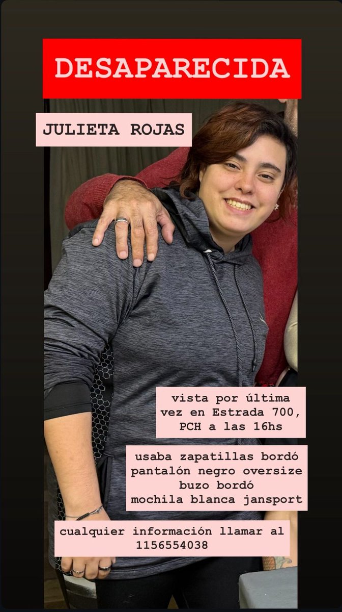 NicolasGuzman20's tweet photo. ESTAMOS BUSCANDO A JULIETA ROJAS, ES MI PRIMA. 
Última vez vista el 20/08 a las 16hs. en la calle Estrada al 700, Parque Chacabuco. 

Por favor, difundan!

@todonoticias @cronica @CronicaTV @A24 @telefe @telefenoticias @eltreceoficial @olgaenvivo @LuzuComunidad @PatoBullrich https://t.co/ByC7QMVroY