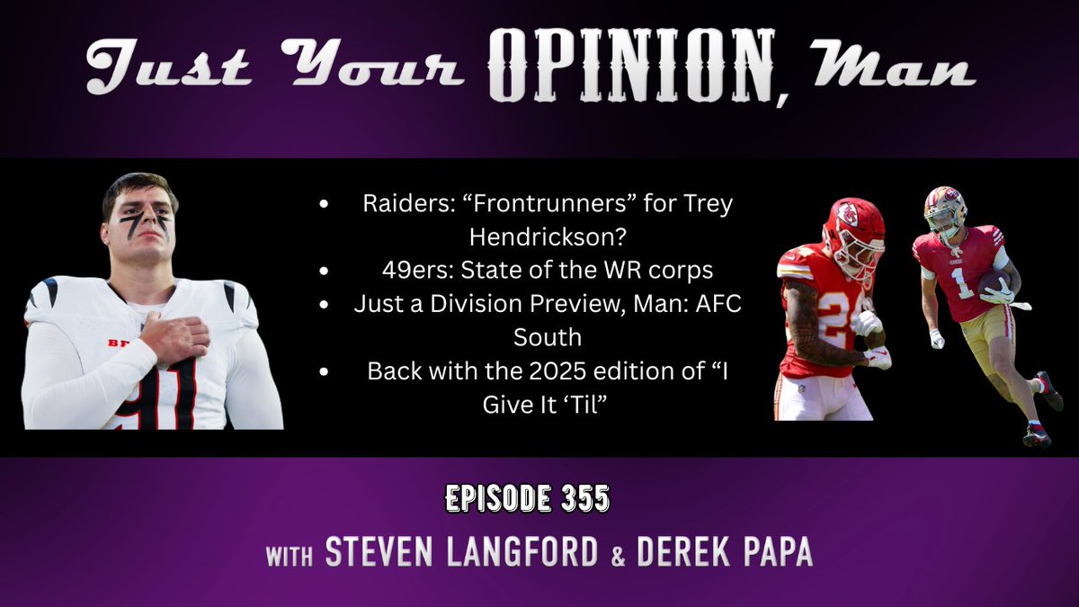 Just Your Opinion, Man (@jyompodcast) on Twitter photo JYOM 355 | 7:15pm | <a href="/dpapapops/">Derek Papa</a> | <a href="/langfordkcbs/">Steven Langford</a>
#RaiderNation #FTTB #WhoDey #AFCSouth
Tap in tonight!
Youtube: youtube.com/live/mI2CBQxMA…
Instagram: instagram.com/jyompodcast/ JYOM 355 | 7:15pm | <a href="/dpapapops/">Derek Papa</a> | <a href="/langfordkcbs/">Steven Langford</a>
#RaiderNation #FTTB #WhoDey #AFCSouth
Tap in tonight!
Youtube: youtube.com/live/mI2CBQxMA…
Instagram: instagram.com/jyompodcast/