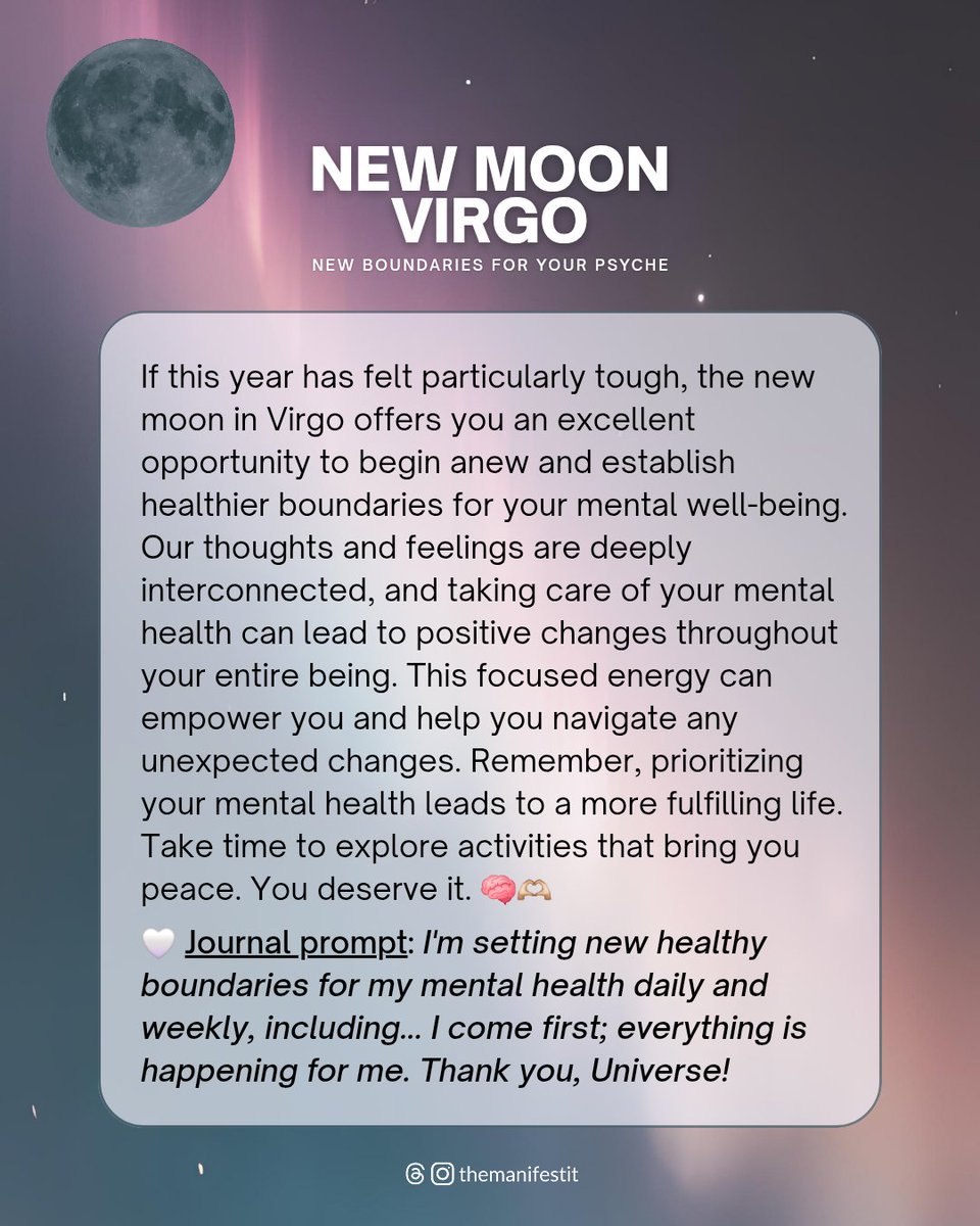 JaclynNJohnston's tweet photo. Perfect timing. ๐๐โจ Do you agree?
#newmooninvirgo #virgonewmoon #newmoon #jaclynjohnston #moonphases #virgomoon #virgo #spirituality #mentalhealthtips #journalingprompts #journalingprompt #journaling #spiritualhealth https://t.co/kDbF6UFagG