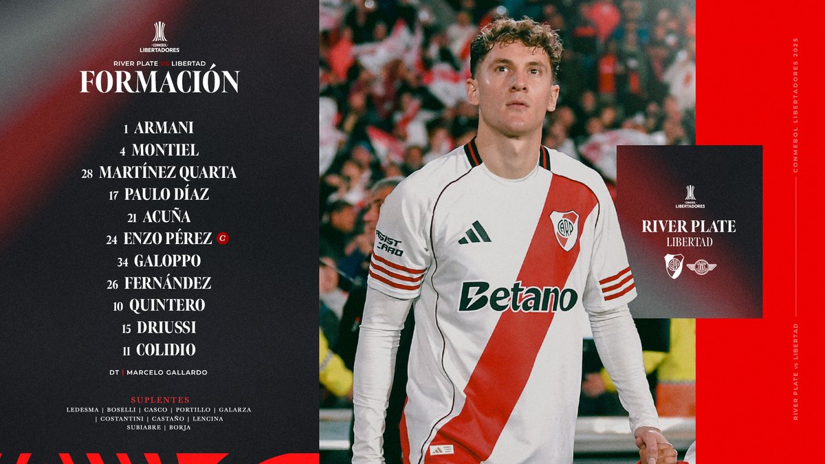 RiverPlate's tweet photo. 📋 ¡Nuestros 11 para esta noche de #Libertadores! ⚽️
#VamosRiver ⚪️🔴⚪️ https://t.co/CN8pNIf5qa