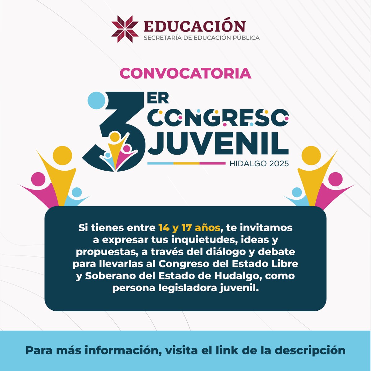 📢 ¡Atención, juventudes hidalguenses! ¿Tienes entre 14 y 17 años? 💥 ¡Esta es tu oportunidad!
Participa en el Tercer Congreso Juvenil de Hidalgo 🗣️✨
Más información: bit.ly/3TmPjZu
Un espacio donde tu voz cuenta, 💬 donde puedes compartir ideas, proponer soluciones y